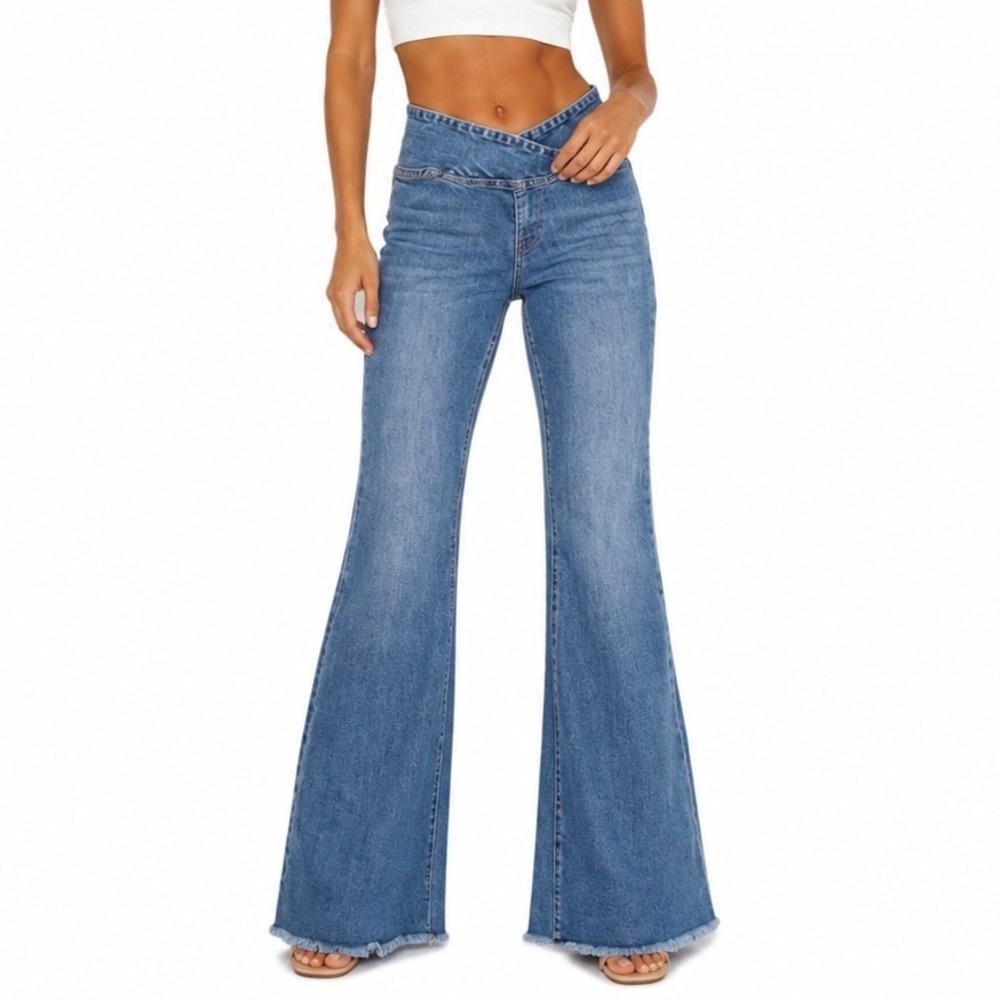 Vanilla Star Long Flare Jeans Women M Blue Crossover V-Waist Raw Hem Indie Retro